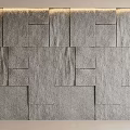 Modern Gray Stone Background Wall with Irregular Square Tile Pattern and Top LED Lighting 3d model