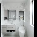 Modern Bathroom Interior With Glass Shower Enclosure White Toilet Marble Sink Mirror And Towel Rack