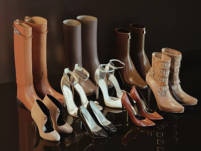 Assorted Fashionable Shoes Featuring Brown Boots Beige High Heels White Strappy Styles 3d model
