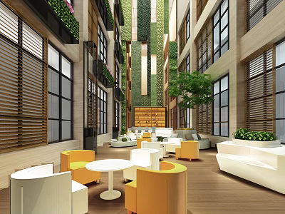 Contemporary Indoor Lounge Space With Green Vertical Gardens And Modern Seating 3d model
