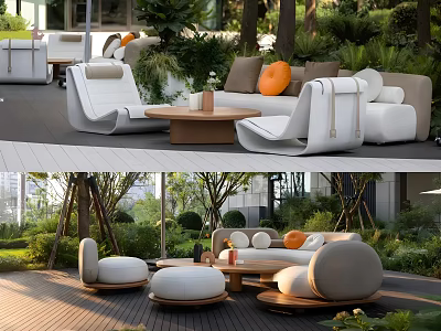 Modern Outdoor Sofa Set With Comfortable Cushions Round Ottomans And Wooden Coffee Table 3d model