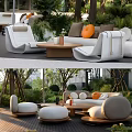 Modern Outdoor Sofa Set With Comfortable Cushions Round Ottomans And Wooden Coffee Table
