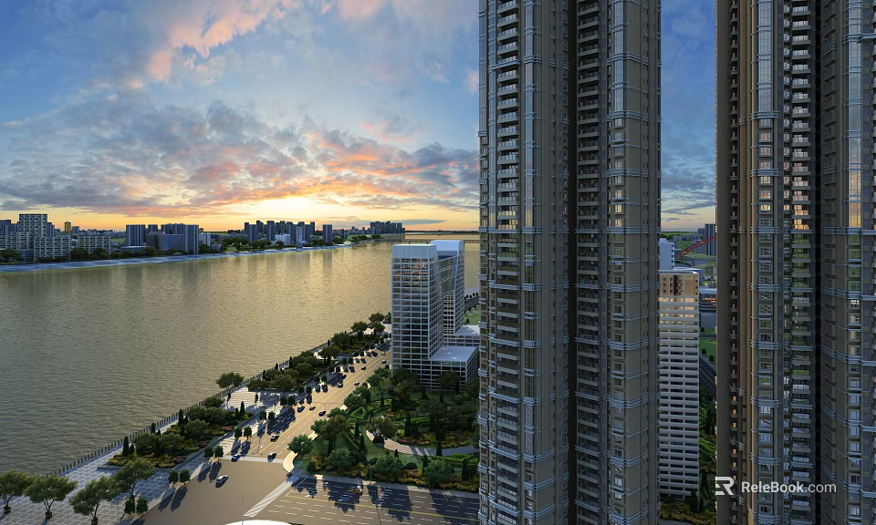 Scenic Waterfront Landscape With Tall Buildings Trees Road And Sunset Sky 3d model 