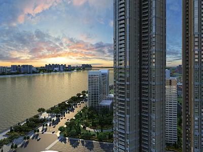 Scenic Waterfront Landscape With Tall Buildings Trees Road And Sunset Sky 3d model