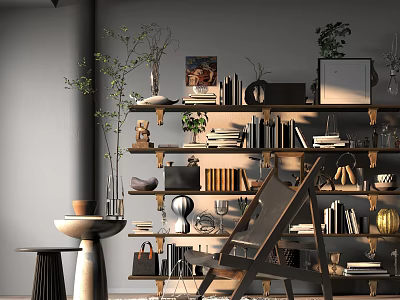 Stylish Storage Shelf Unit With Books Decorative Items Plants And Vases In Modern Interior 3d model