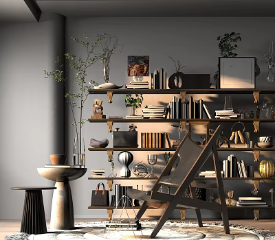 Stylish Storage Shelf Unit With Books Decorative Items Plants And Vases In Modern Interior 3d model