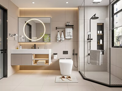 Modern Bathroom Interior With Round Backlit Mirror Wall Mounted Vanity Glass Shower And Light Tiles 3d model