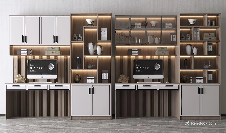 Modern Home Office Desk Interior With Illuminated Shelves Computer And Decorative Items 3d model 