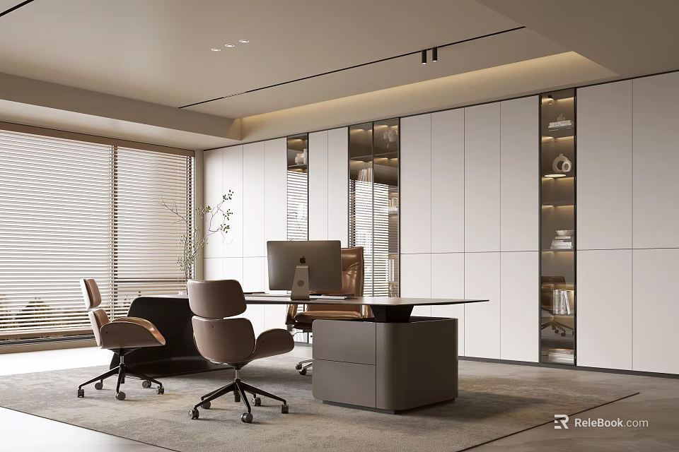 Modern Office Interior Design With Spacious Desk Ergonomic Chairs Storage Cabinets And Window Blinds 3d model 