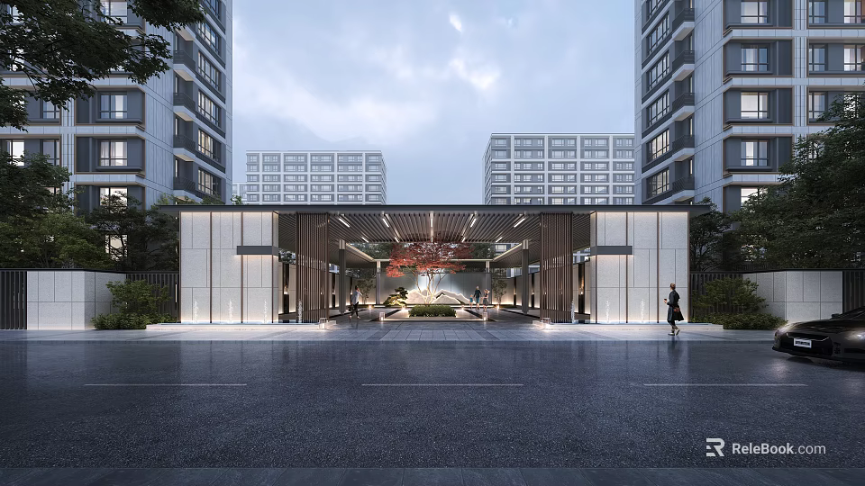Modern Entrance Gate With High Rise Buildings Lighting Paved Ground And Greenery 3d model 