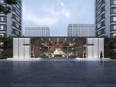 Modern Entrance Gate With High Rise Buildings Lighting Paved Ground And Greenery 3d model
