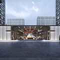 Modern Entrance Gate With High Rise Buildings Lighting Paved Ground And Greenery