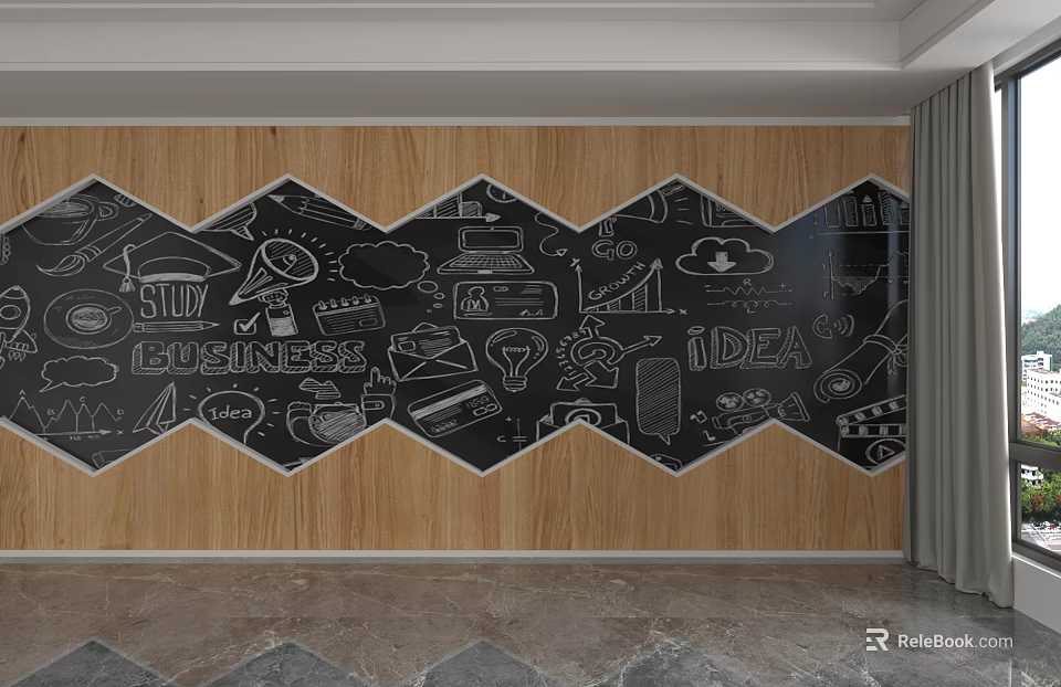Modern Wooden Background Wall with Hand Drawn Business Idea Doodles and Icons 3d model 