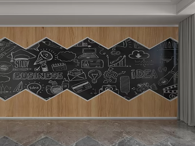 Modern Wooden Background Wall with Hand Drawn Business Idea Doodles and Icons 3d model