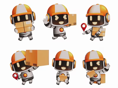 Silhouette Delivery Robots In Different Poses Holding Packages And Map Pin 3d model