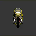 Yellow Motorcycle With Green Wheels Brown Seat Transparent Windshield And Decorative Graphics