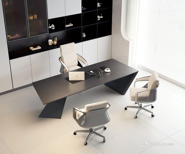 Modern Office Desk Interior With Dark Tabletop And Three Ergonomic Chairs 3d model 