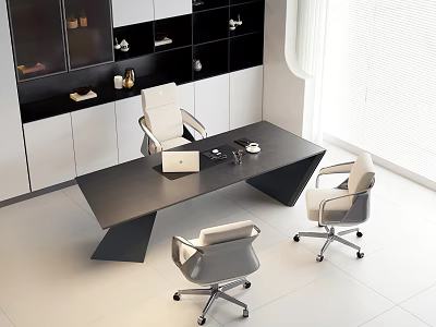 Modern Office Desk Interior With Dark Tabletop And Three Ergonomic Chairs 3d model