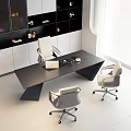 Modern Office Desk Interior With Dark Tabletop And Three Ergonomic Chairs