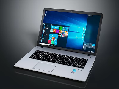Silver Laptop Displaying Windows OS Interface With Black Keyboard On Dark Surface 3d model