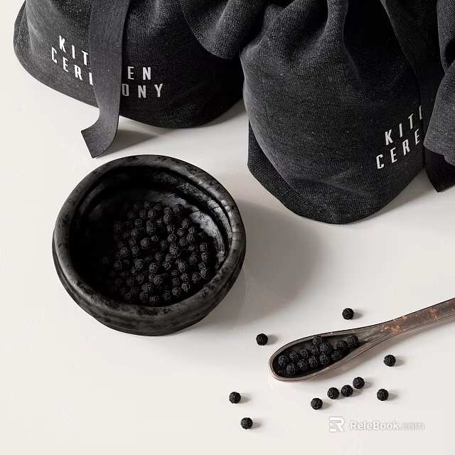 Black Ceramic Bowl Filled With Seeds Near Wooden Spoon And Fabric Bags 3d model 
