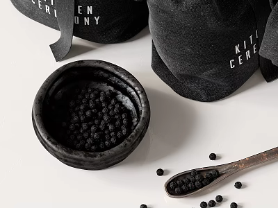Black Ceramic Bowl Filled With Seeds Near Wooden Spoon And Fabric Bags 3d model
