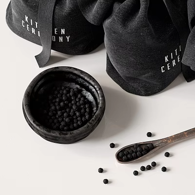 Black Ceramic Bowl Filled With Seeds Near Wooden Spoon And Fabric Bags 3d model
