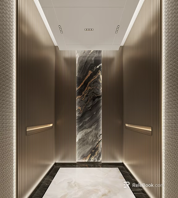 Elegant Modern Elevator Lobby With Brushed Metal Walls And Marble Feature Panel Lighting 3d model