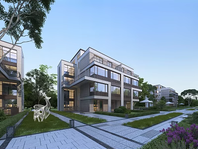 Modern Semi Detached Villa Exterior With Courtyard Landscaping Sculpture Lawn Stone Path And Purple Flowers 3d model