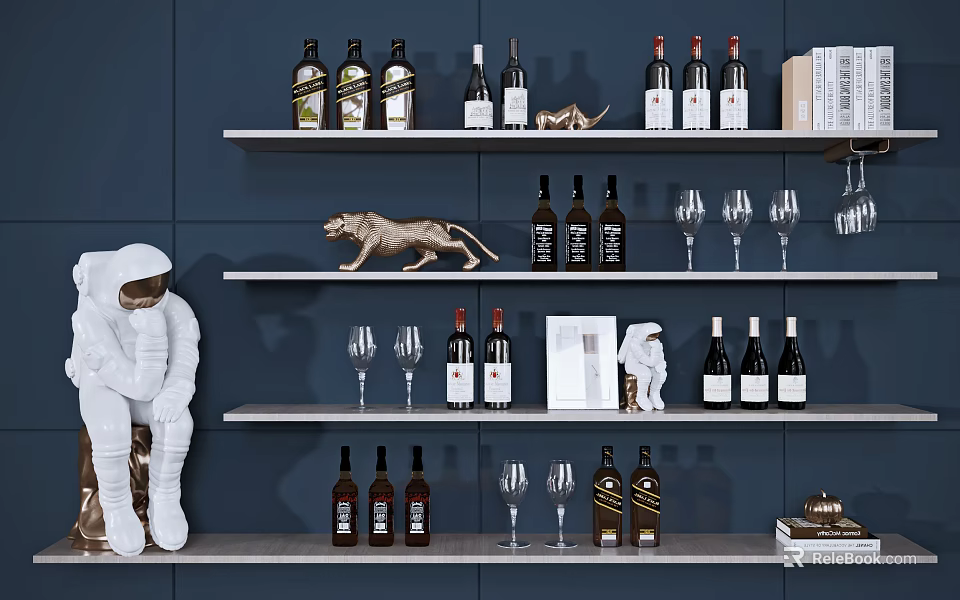 Stylish Modern Wine Cabinet With Layered Shelves Holding Wine Bottles Glasses And Decorative Figurines 3d model 