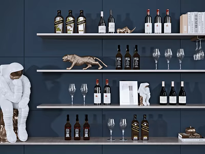 Stylish Modern Wine Cabinet With Layered Shelves Holding Wine Bottles Glasses And Decorative Figurines 3d model