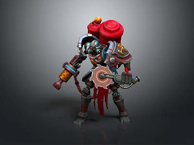 Biomechanical Character With Red Top Structures Holding Gear Weapon And Decorative Armor 3d model