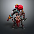 Biomechanical Character With Red Top Structures Holding Gear Weapon And Decorative Armor