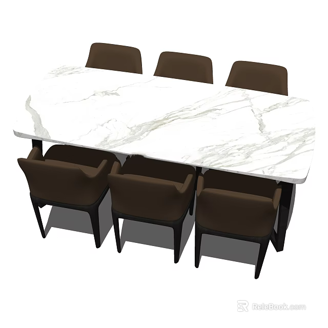 Modern Dining Table Set with White Marble Top and Six Brown Chairs 3d model