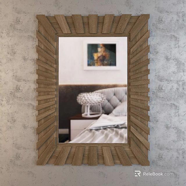 Wooden Framed Mirror With Unique Pattern Reflecting Bedroom Interior Bedside Table Lamp And Painting 3d model 