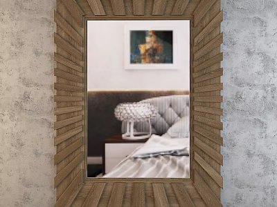 Wooden Framed Mirror With Unique Pattern Reflecting Bedroom Interior Bedside Table Lamp And Painting 3d model