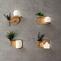 Modern Wooden Wall Lamps With Simple Design And Potted Green Plants On Gray Wall