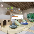 Kids Play Area With Wooden House Shaped Structure Slides Colorful Hanging Balls And Tree Decorations