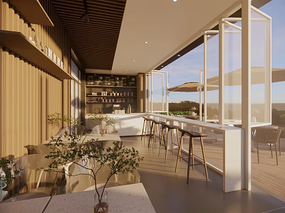 Modern Café Interior Design With Wooden Walls Bar Counter Green Plants And Large Windows 3d model