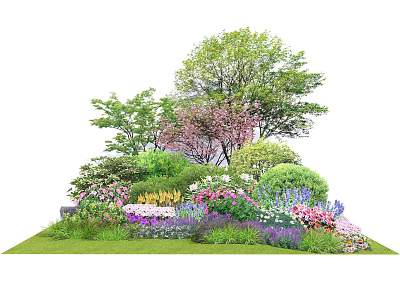 Lush Shrubs With Colorful Flowers And Trees In Green Garden Lawn 3d model