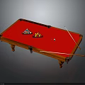 Red Wooden Billiard Table with Colored Balls Triangle Racks White Cue Ball and Pool Cues