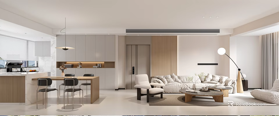 Modern Living and Dining Room Interior With Sofa Dining Table Pendant Lights Cabinets 3d model