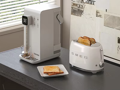 Modern Kitchen Appliances Coffee Machine and Toaster with Fresh Toast on Countertop Design 3d model