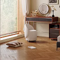 Modern Room Interior With White Stool Wooden Desk Blinds Striped Cushion And Wooden Floor
