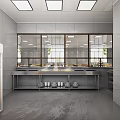 Commercial Kitchen Interior Featuring Stainless Steel Counter Shelves Dishes And Large Mirror