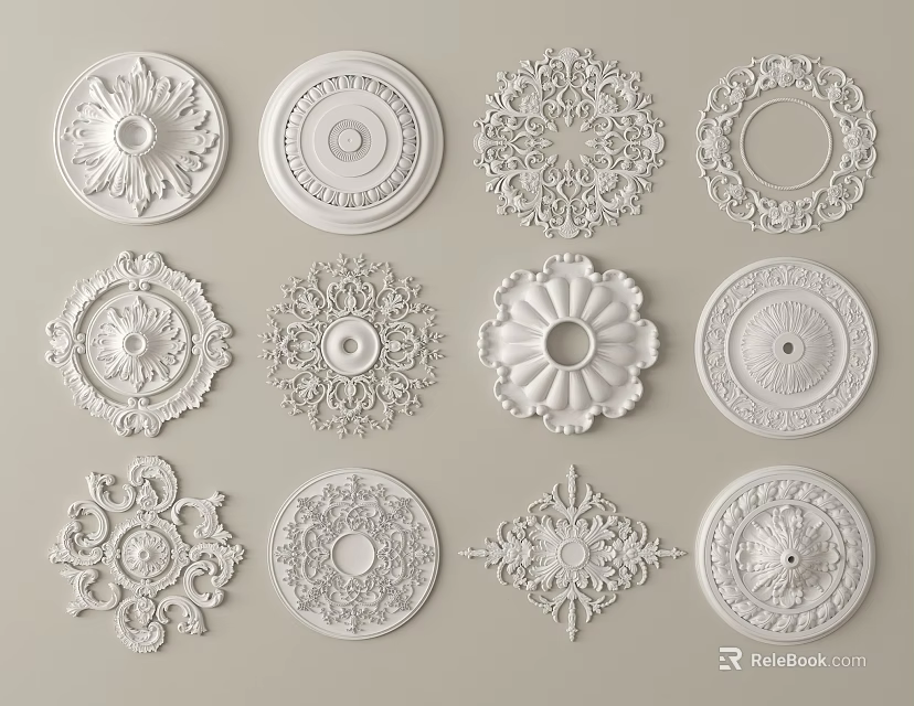 White Decorative Ceiling Medallions With Various Intricate Patterns For Home Interior 3d model