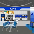 Modern Blue Café Interior With Glass Tables Chairs Counter And Signage
