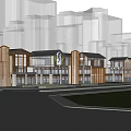 Vibrant Commercial Street With Modern Architecture Green Landscaping Pedestrians And Retail Shops