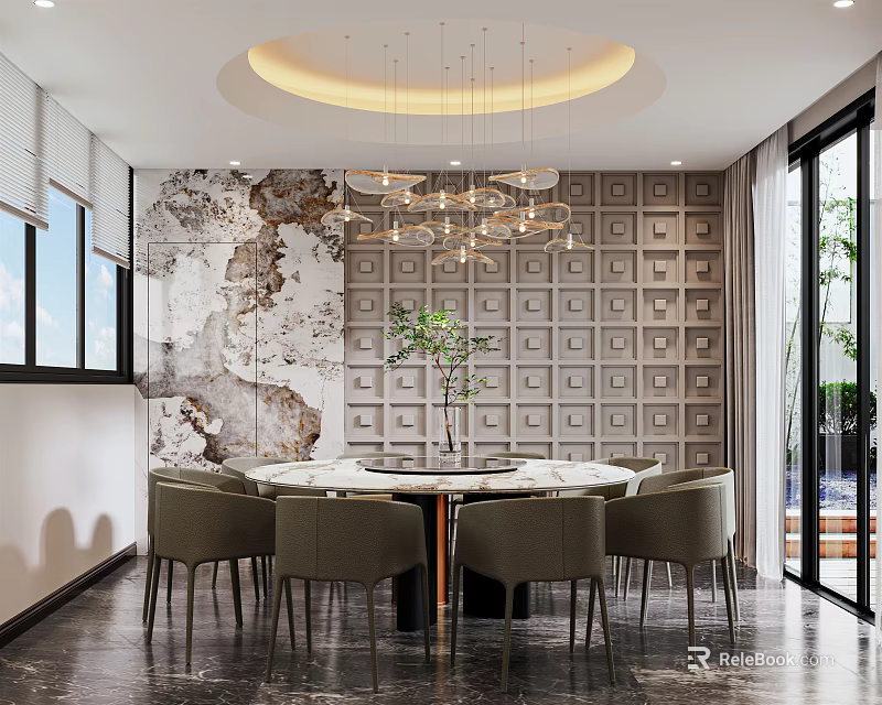 Luxurious Private Room Interior With Round Dining Table Gray Chairs Textured Wall And Hanging Chandelier 3d model 