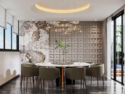 Luxurious Private Room Interior With Round Dining Table Gray Chairs Textured Wall And Hanging Chandelier 3d model